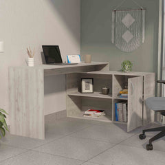 Antlia L-Shaped Writing Desk, Two Shelves, Single Door Cabinet