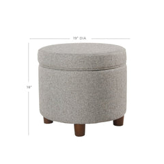 Fabric Upholstered Round Wooden Ottoman with Lift Off Lid Storage, Light Gray