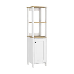 Linen Single Door Cabinet 59" H, Two Interior Shelves, Two Open Shelves, Light Oak / White