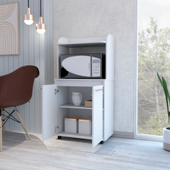 Kitchen Cart 49" H, Two Door Cabinet, One Open Shelf, Two Interior Shelves, White