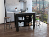 Kitchen Island, kitchen table 35" H, Four Legs, Three Open Storage Shelves, Black / Ibiza Marble Finish