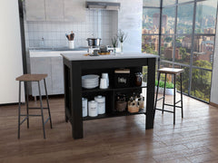 Kitchen Island, kitchen table 35" H, Four Legs, Three Open Storage Shelves, Black / Ibiza Marble Finish