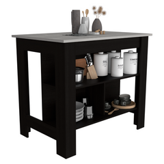 Kitchen Island, kitchen table 35" H, Four Legs, Three Open Storage Shelves, Black / Ibiza Marble Finish