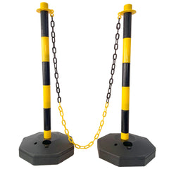4 Pack Traffic Delineator Post Cones with Fillable Base, Adjustable Plastic Safety Barrier with 5Ft Plastic Chain, Outdoor and Indoor Crowd Control Stanchion for Traffic Control and
warning Y/B