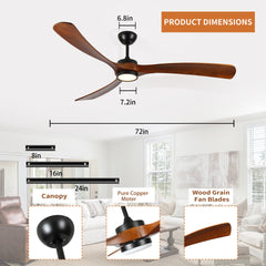 72 Inch wood Ceiling Fan with light, Low Profile Ceiling Fan with Remote Control,Noiseless Reversible DC Motor with Timer