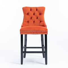 Contemporary Velvet Upholstered Barstools with Button Tufted Decoration and Wooden Legs, and Chrome Nailhead Trim, Leisure Style Bar Chairs,Bar stools, Set of 2 (Orange),SW2002OG