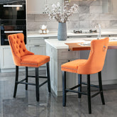 Contemporary Velvet Upholstered Barstools with Button Tufted Decoration and Wooden Legs, and Chrome Nailhead Trim, Leisure Style Bar Chairs,Bar stools, Set of 2 (Orange),SW2002OG