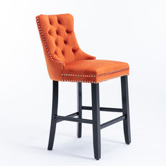 Contemporary Velvet Upholstered Barstools with Button Tufted Decoration and Wooden Legs, and Chrome Nailhead Trim, Leisure Style Bar Chairs,Bar stools, Set of 2 (Orange),SW2002OG