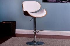 Modern Contemporary Swivel Walnut Bentwood Lift Adjustable Height Bar Stool with Curved Seat and Back (White)