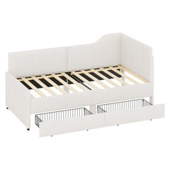 Twin Size L-Shaped Corduroy Daybed,Upholstered Bed Frame with 2 Storage Drawers, Beige