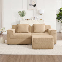 Modular 2 Seat L Shape Sectional Boneless Sofa, Cloud Sectional Couch with Deep Seat, Modern Modular 2-Seat Sofa Couch with Throw Pillows and 1 Movable Ottoman, Corduroy Fabric Camel