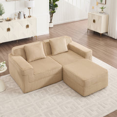 Modular 2 Seat L Shape Sectional Boneless Sofa, Cloud Sectional Couch with Deep Seat, Modern Modular 2-Seat Sofa Couch with Throw Pillows and 1 Movable Ottoman, Corduroy Fabric Camel