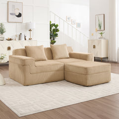 Modular 2 Seat L Shape Sectional Boneless Sofa, Cloud Sectional Couch with Deep Seat, Modern Modular 2-Seat Sofa Couch with Throw Pillows and 1 Movable Ottoman, Corduroy Fabric Camel