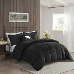 4-Piece King Plush to Sherpa Down Alternative Comforter Set,Black/Black