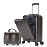 14"/20" 2 pcs/set in ABS Spinner Wheel Luggage, with Combination Lock and Front Opening Design, 14" Cosmetic Case (Brown)