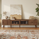 76" Modern Minimal Glass-Doors TV Stand for TVs up to 85 Inches, Wood-Grain Entertainment Center with Storage Cabinets, TV Media Console Table for Living Room, Bedroom