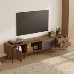 76" Modern Minimal Glass-Doors TV Stand for TVs up to 85 Inches, Wood-Grain Entertainment Center with Storage Cabinets, TV Media Console Table for Living Room, Bedroom