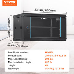 6U Wall Mount Network Server Cabinet, 15.5'' Deep, Server Rack Cabinet Enclosure, 200 lbs Max. Ground-mounted Load Capacity, with Locking Glass Door Side Panels, for IT Equipment, A/V Devices