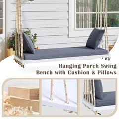 TOPMAX Patio Wooden Swing Chair, Hanging Porch Swing Bench with Cushion&Pillows, 10.8Ft Hemp Ropes for Garden,Backyard, Lawn,White