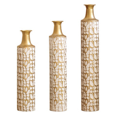 Decorative Metal Vases Set of 3, 24/28/32.3 Inch Gold Leaf Pattern Floor Vases, White & Gold Tall Vases for Home Decor, Living Room Entryway Decor (5.31in Base Width)
