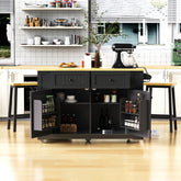 K&K 48inch Large Kitchen Island with 2 Bar Stools, Power Outlet, Door Internal Storage Rack, Kitchen Storage Cart on 5 Wheels with Drop Leaf, 5 Open Side Racks, 2 Drawers, Black (Three Packages)