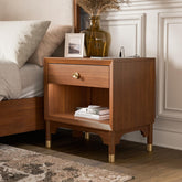 Mid Century Modern Style 1pc Nightstand English Dovetail Drawer USB Port Gold Capped Legs Walnut Finish Bedroom Furniture