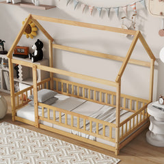 Twin Size House Floor Wooden Bed with Roof Frame,Safety Guardrails,Natural