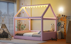 Full Size Upholstered House Daybed with LED Light Strips,Pink