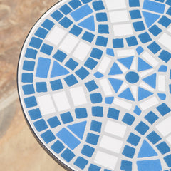 Outdoor Round Side Table with Mosaic-Style Top and Curved Iron Legs, End Table-Blue ,Wihte and Matte Black