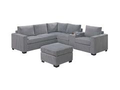 Modern Functional Light Gray Corduroy Upholstered Sectional Set Living Room One Arm Loveseat Wedge Console Ottoman 4pc Couch Sofa Set