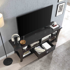 TV Stand Cabinet with curved legs one drawers on metal glides metal square handle modern design divided shelf two cubbies