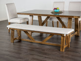 1pc Upholstery Bench Brown And White Finish Fabric Cushion On Top Upholstered Seat Trestle Base Rustic