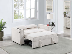 Beige Corduroy Upholstered 2-Seat Sofa w Cup Holders Sleeper Couch 1pc Convertible Sofa w USB