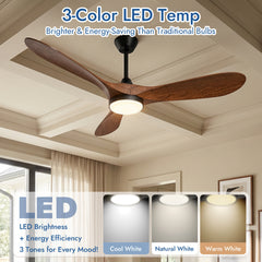 Roomratv Ceiling Fans with Lights and Remote Control,Quiet Noiseless Reversible DC Motor,6 Speeds,Timers, 3 CCT, Indoor Use, Plastic Blades,52 Inch Walnut Modern Ceiling Fan for Bedroom Living Room