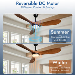 Roomratv Ceiling Fans with Lights and Remote Control,Quiet Noiseless Reversible DC Motor,6 Speeds,Timers, 3 CCT, Indoor Use, Plastic Blades,52 Inch Walnut Modern Ceiling Fan for Bedroom Living Room