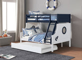 Twin Over Full Bunk Bed Modern Novelty Style Attached Ladder Upper Bed Rails And Lock Joint Structure For Safety Slat Kit Blue / White Finish