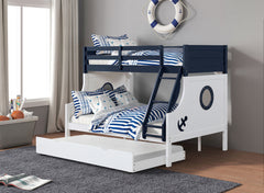 Twin Over Full Bunk Bed Modern Novelty Style Attached Ladder Upper Bed Rails And Lock Joint Structure For Safety Slat Kit Blue / White Finish