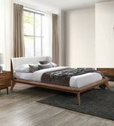 Walnut / Beige Color Full Size Bed 1pc Fabric Winged Edge Headboard Platform Bedframe Mattress Ready Mid-Century Modern Style