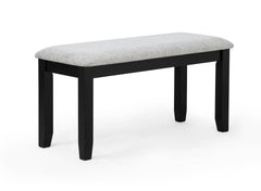 6pc Dining Set Rectangular Table Features Weathered Gray Finish Wood Grain Wide Slat Backs Padded Seats Upholstered Textured Neutral Fabric Chair Bench