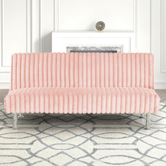 Pink Finish Futon Sofa Contemporary Style Easy Convert Into Bed With Extra Support Leg Armless Chrome Finish Base Legs
