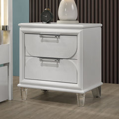 Contemporary Pearl White 1pc Nightstand Acrylic Handles Embossed Panels English Dovetails 2-Drawers Bedside Table