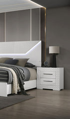 White High Gloss 1pc Nightstand Metal Side Glide 2-Drawers Bedside Table Chrome Hardware Bedroom Furniture