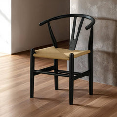 Mid-Century Modern Set of 2pc Side Chairs Rubberwood Black Curved Backrest Dining Room Furniture