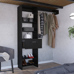 Hybrid Closet System, Five Open Shelves, One Drawer, Metal Rod
