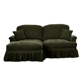 Elegant Mid Century Large Two Seater Modular L Shaped Sofa Couch with Flared Arms and Removable Ruffles Pleats Skirts and Spindle Legs, Comfy Chenille Loveseat Sofa with Movable Ottoman,Green