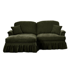 Elegant Mid Century Large Two Seater Modular L Shaped Sofa Couch with Flared Arms and Removable Ruffles Pleats Skirts and Spindle Legs, Comfy Chenille Loveseat Sofa with Movable Ottoman,Green