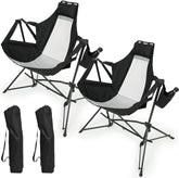 Hammock Camping Chair, Folding Portable Rocking Chair, Aluminum Alloy Adjustable Back Swinging Chair with Pillow Cup Holder, Recliner with Carry Bag for Outdoor Travel Lawn Backyard, Black (2pcs)
