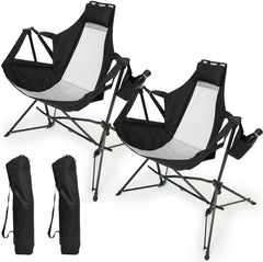 Hammock Camping Chair, Folding Portable Rocking Chair, Aluminum Alloy Adjustable Back Swinging Chair with Pillow Cup Holder, Recliner with Carry Bag for Outdoor Travel Lawn Backyard, Black (2pcs)
