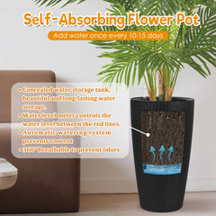 Set of 2 Faux Rattan Tall Planters Outdoor Indoor Large Planters with Water Level Monitor Inner Bucket, Automatic Watering, Flower Plant Pots for Garden, Patio, Porch, Backyard (Black, 22 inch )
