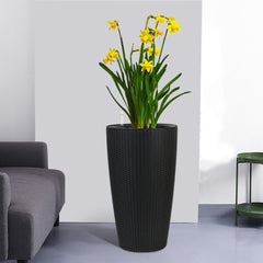 Set of 2 Faux Rattan Tall Planters Outdoor Indoor Large Planters with Water Level Monitor Inner Bucket, Automatic Watering, Flower Plant Pots for Garden, Patio, Porch, Backyard (Black, 22 inch )